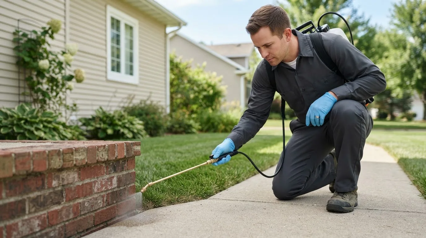 Pest control technician treating a home near Westboro, WI